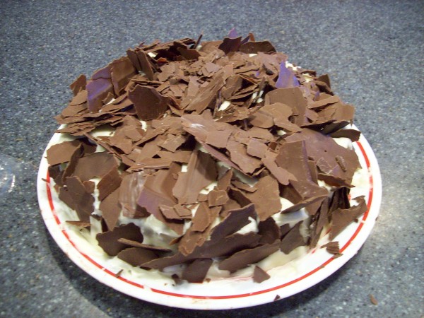 I never did frosting like this before I saw this on America's Test Kitchen.  Pour melted chocolate on parsnip paper then spread it thin so it cools &amp; gets hard quick.  Fold paper a few times chocolate breaks up and falls off.  Sprinkle chocolate pieces over frosting.